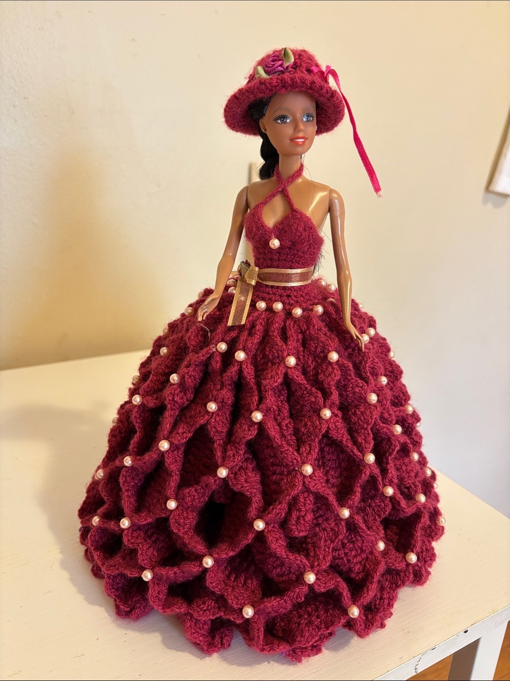 Handmade Burgundy Crochet Doll Dress with Pearls